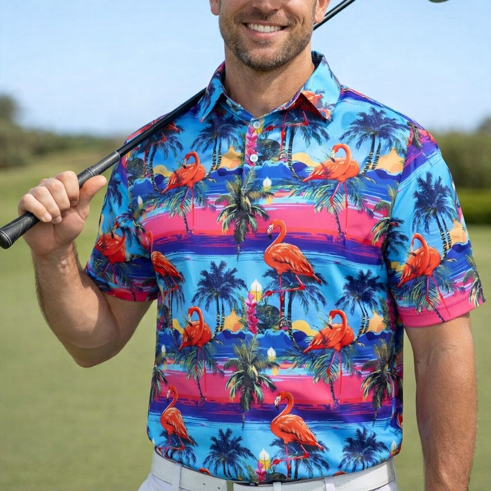 Men's Tropical Flamingo Print Polo Shirt - Blue & Pink C6